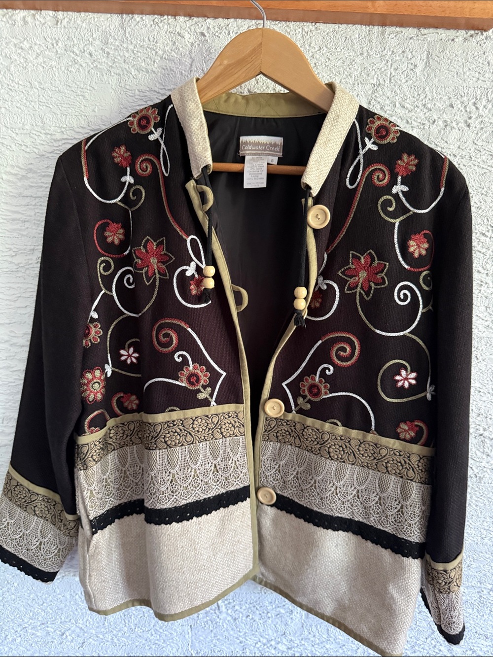 Coldwater Creek Black & Beige Embroidered Floral Cardigan Jacket